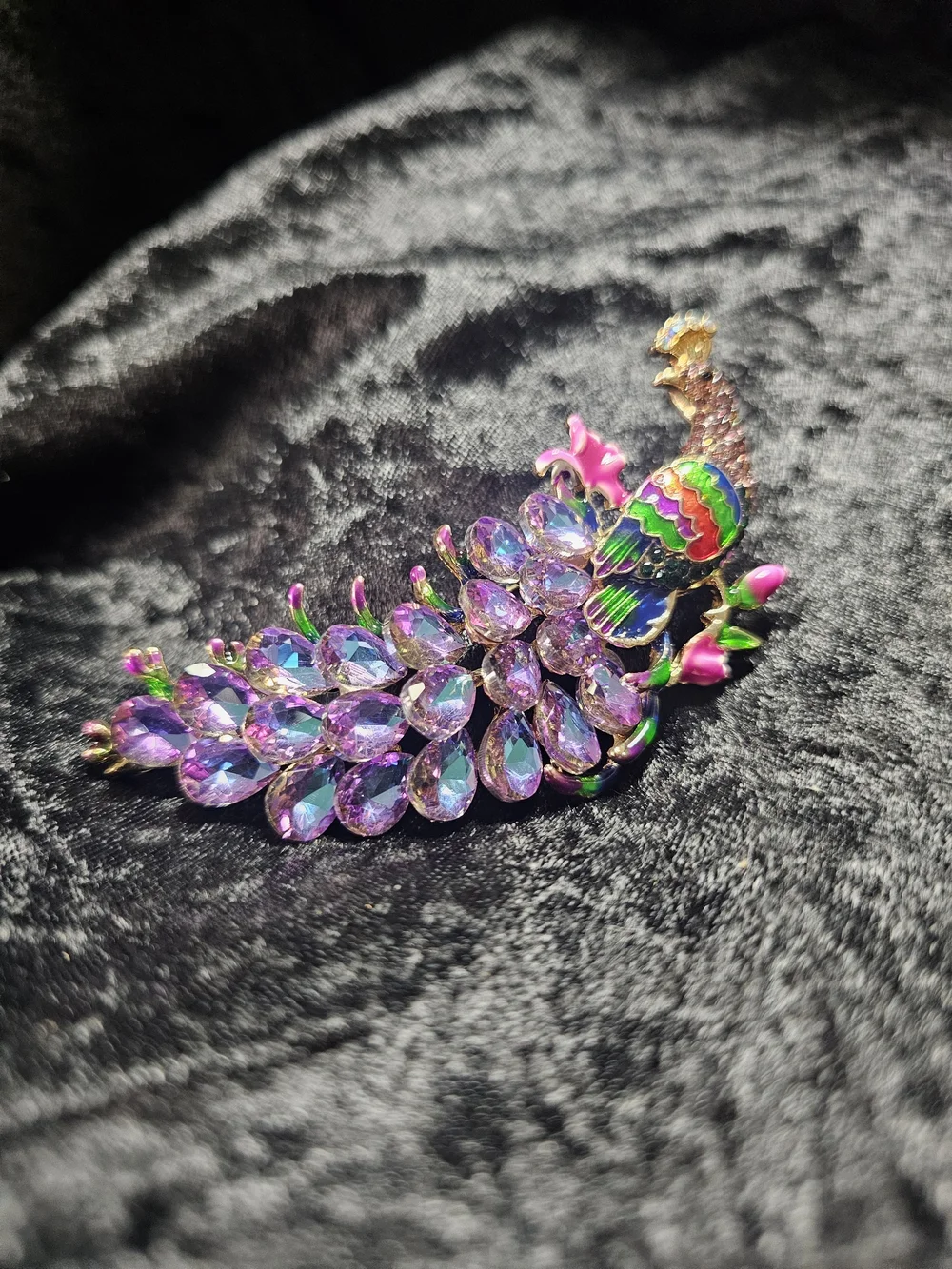 Multicolor Peacock Crystal Brooch - Vibrant Purple and Rainbow Accent